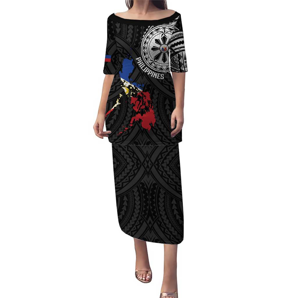 Philippines Strong Family Matching Puletasi and Hawaiian Shirt Filipino Map Polynesian Tattoo LT14 Mom's Dress Black - Polynesian Pride