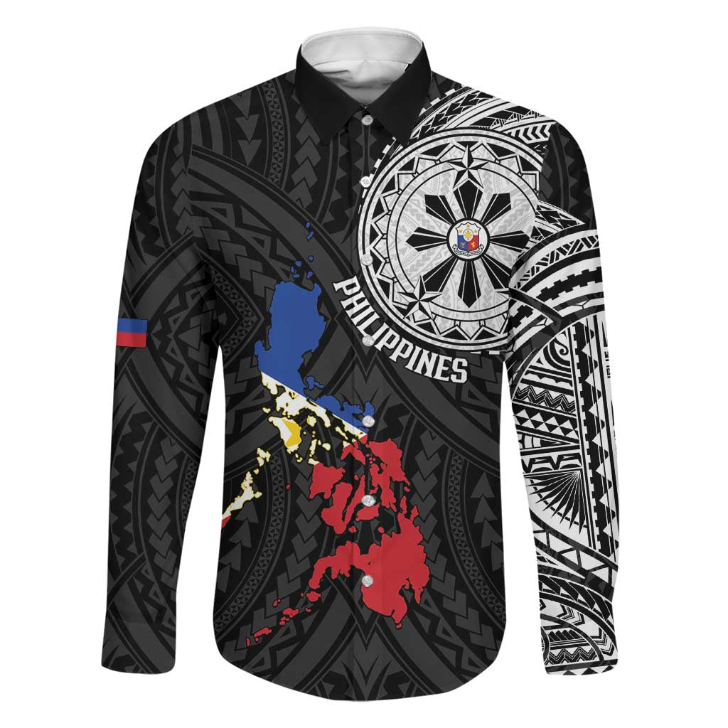 Philippines Strong Family Matching Short Sleeve Bodycon Dress and Hawaiian Shirt Filipino Map Polynesian Tattoo LT14 Dad's Shirt - Long Sleeve Black - Polynesian Pride