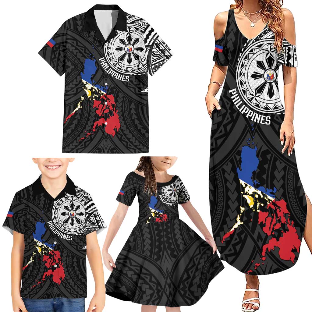 Philippines Strong Family Matching Summer Maxi Dress and Hawaiian Shirt Filipino Map Polynesian Tattoo - Polynesian Pride