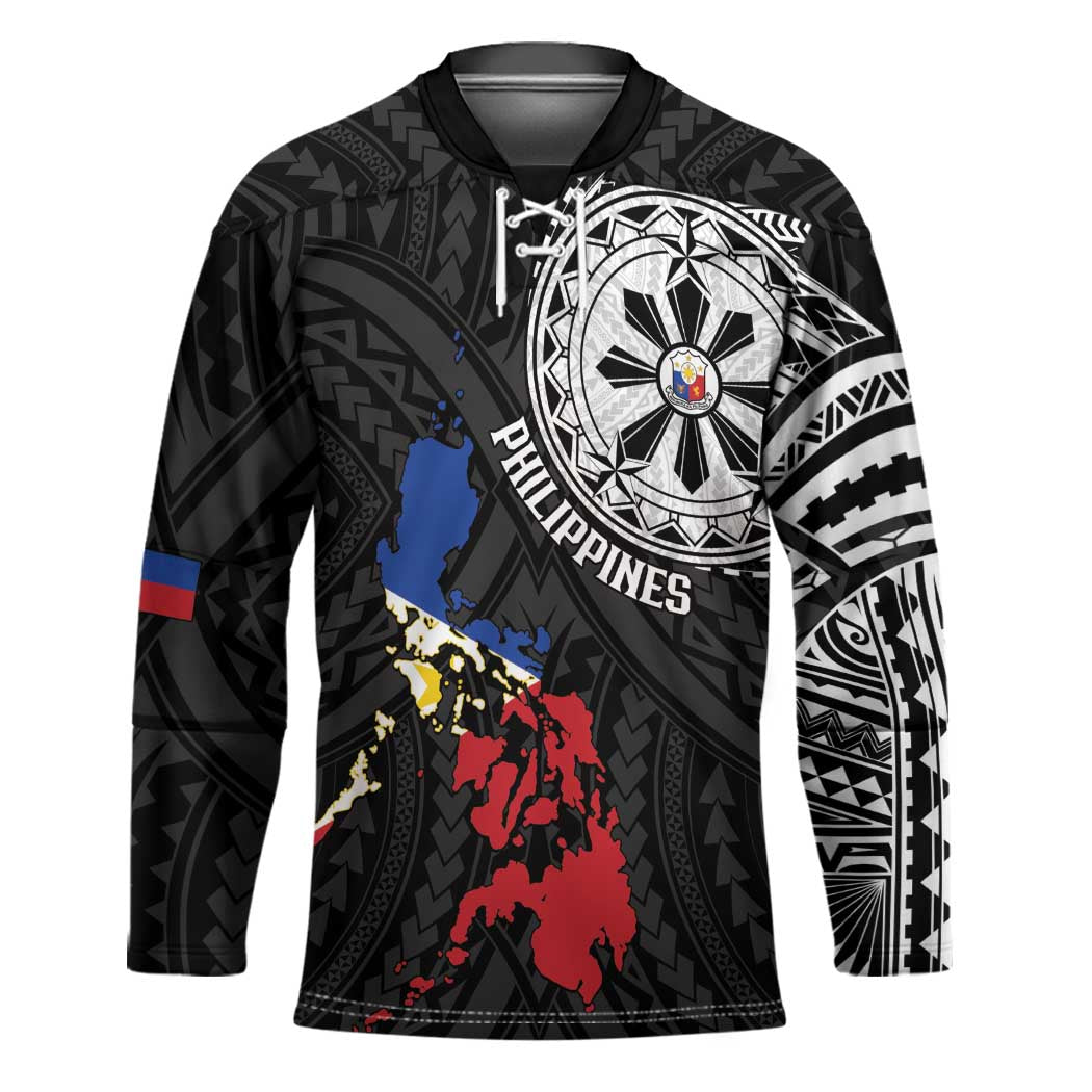 Philippines Strong Hockey Jersey Filipino Map Polynesian Tattoo LT14 Unisex Black - Polynesian Pride