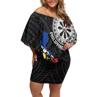 Philippines Strong Off Shoulder Short Dress Filipino Map Polynesian Tattoo LT14 Women Black - Polynesian Pride