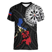 Philippines Strong Women V-Neck T-Shirt Filipino Map Polynesian Tattoo LT14 Female Black - Polynesian Pride