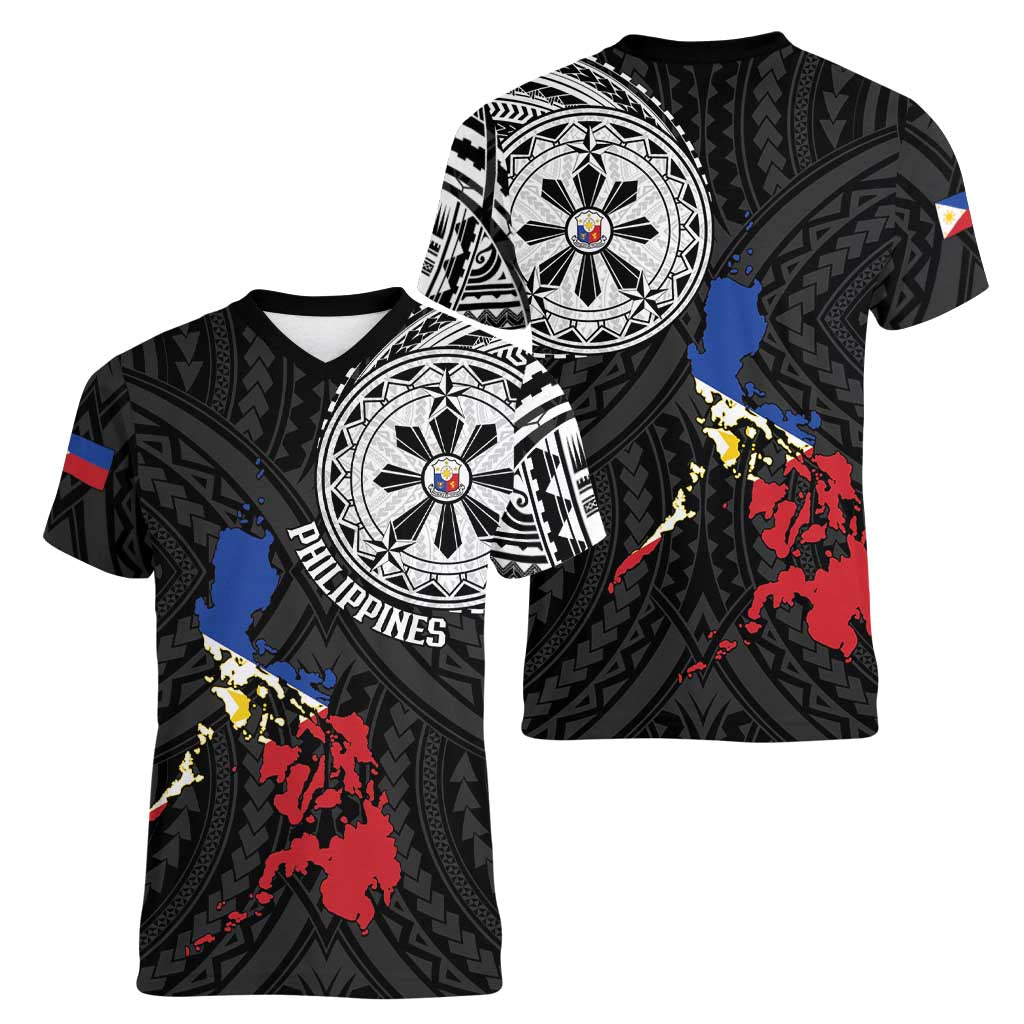 Philippines Strong Women V-Neck T-Shirt Filipino Map Polynesian Tattoo LT14 - Polynesian Pride
