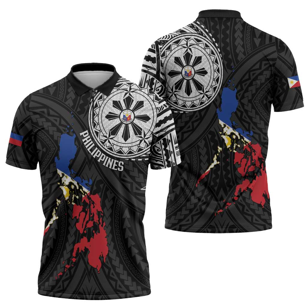 Philippines Strong Zipper Polo Shirt Filipino Map Polynesian Tattoo - Polynesian Pride