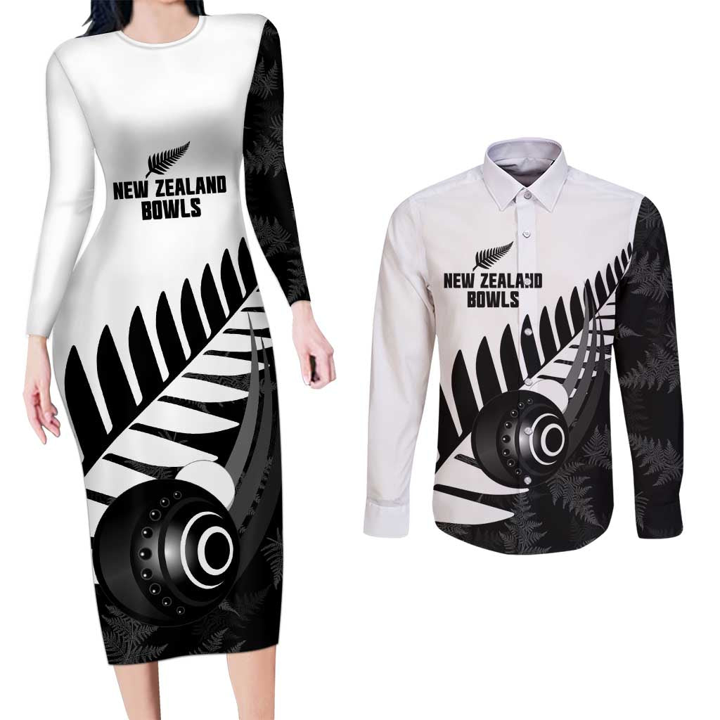 New Zealand Lawn Bowls Custom Couples Matching Long Sleeve Bodycon Dress and Long Sleeve Button Shirt Aotearoa Silver Fern LT14 Black - Polynesian Pride