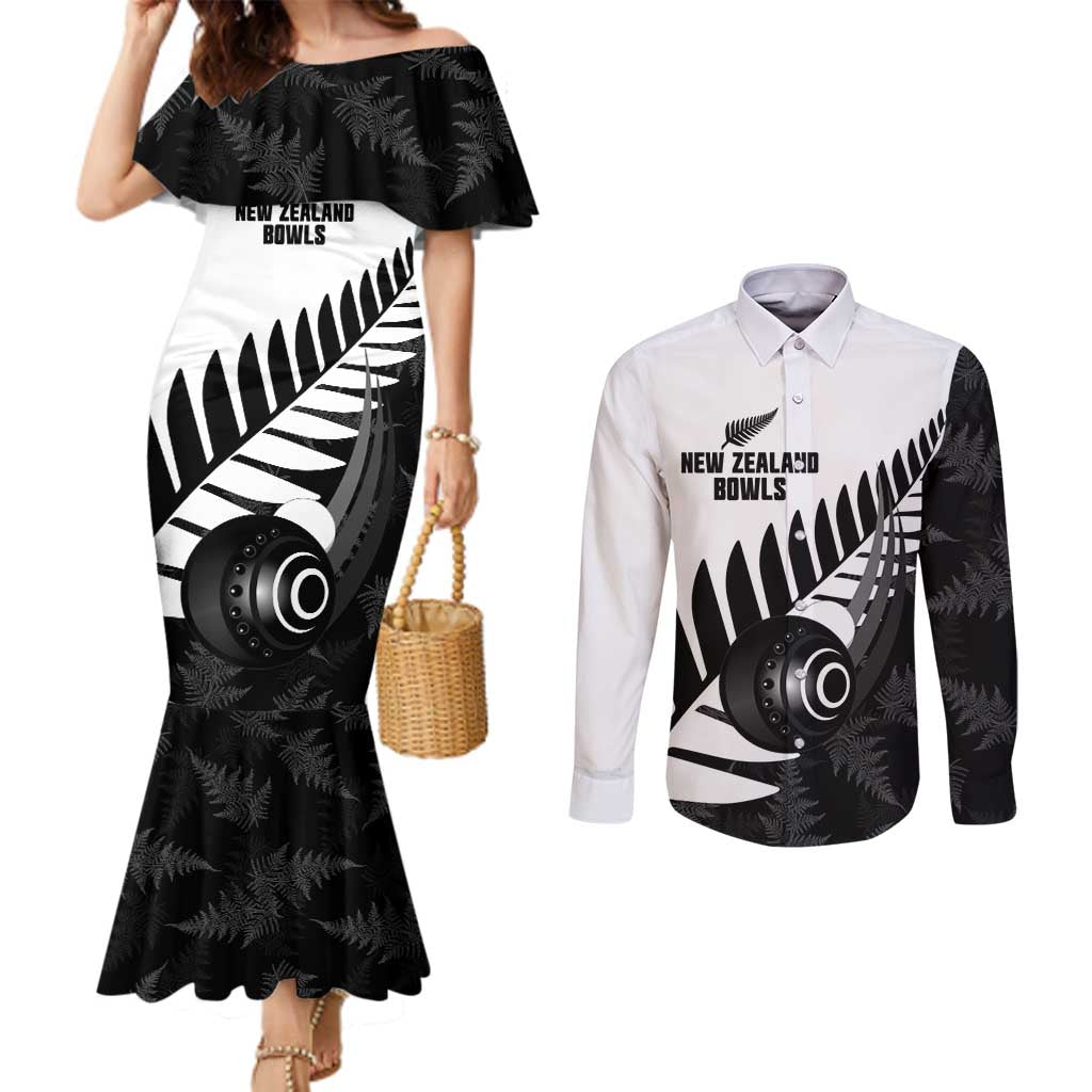 New Zealand Lawn Bowls Custom Couples Matching Mermaid Dress and Long Sleeve Button Shirt Aotearoa Silver Fern LT14 Black - Polynesian Pride