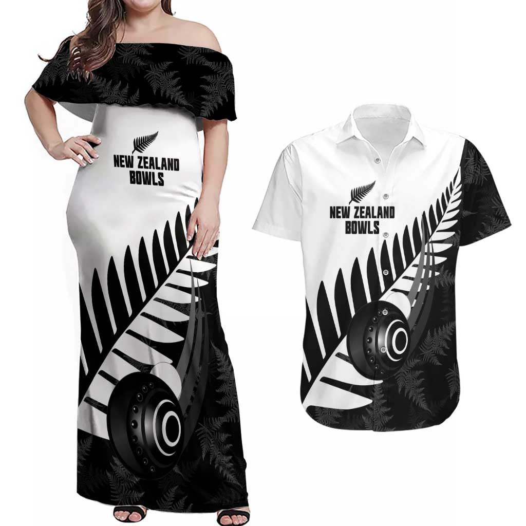 New Zealand Lawn Bowls Custom Couples Matching Off Shoulder Maxi Dress and Hawaiian Shirt Aotearoa Silver Fern LT14 Black - Polynesian Pride