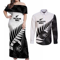 New Zealand Lawn Bowls Custom Couples Matching Off Shoulder Maxi Dress and Long Sleeve Button Shirt Aotearoa Silver Fern LT14 Black - Polynesian Pride