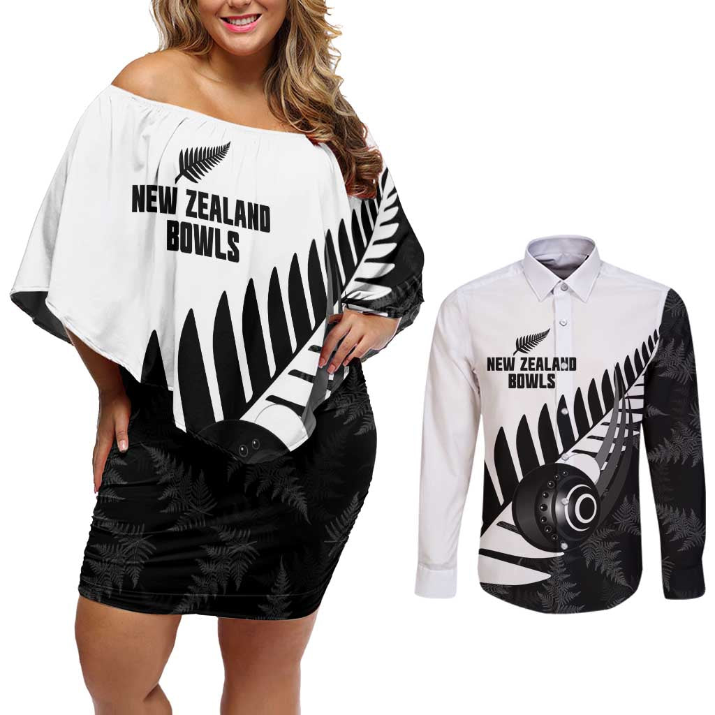 New Zealand Lawn Bowls Custom Couples Matching Off Shoulder Short Dress and Long Sleeve Button Shirt Aotearoa Silver Fern LT14 Black - Polynesian Pride