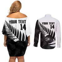 New Zealand Lawn Bowls Custom Couples Matching Off Shoulder Short Dress and Long Sleeve Button Shirt Aotearoa Silver Fern LT14 - Polynesian Pride