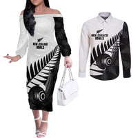 New Zealand Lawn Bowls Custom Couples Matching Off The Shoulder Long Sleeve Dress and Long Sleeve Button Shirt Aotearoa Silver Fern LT14 Black - Polynesian Pride