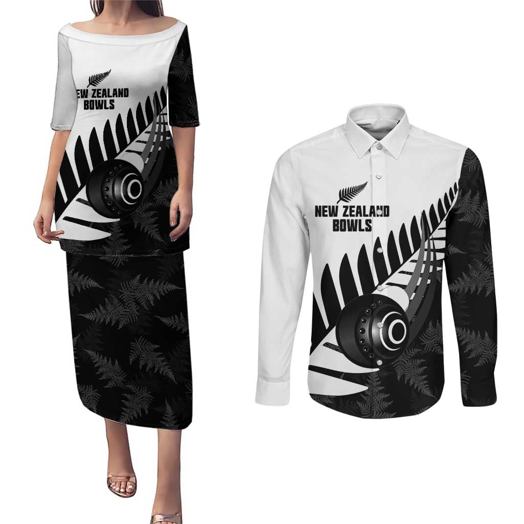 New Zealand Lawn Bowls Custom Couples Matching Puletasi and Long Sleeve Button Shirt Aotearoa Silver Fern LT14 Black - Polynesian Pride