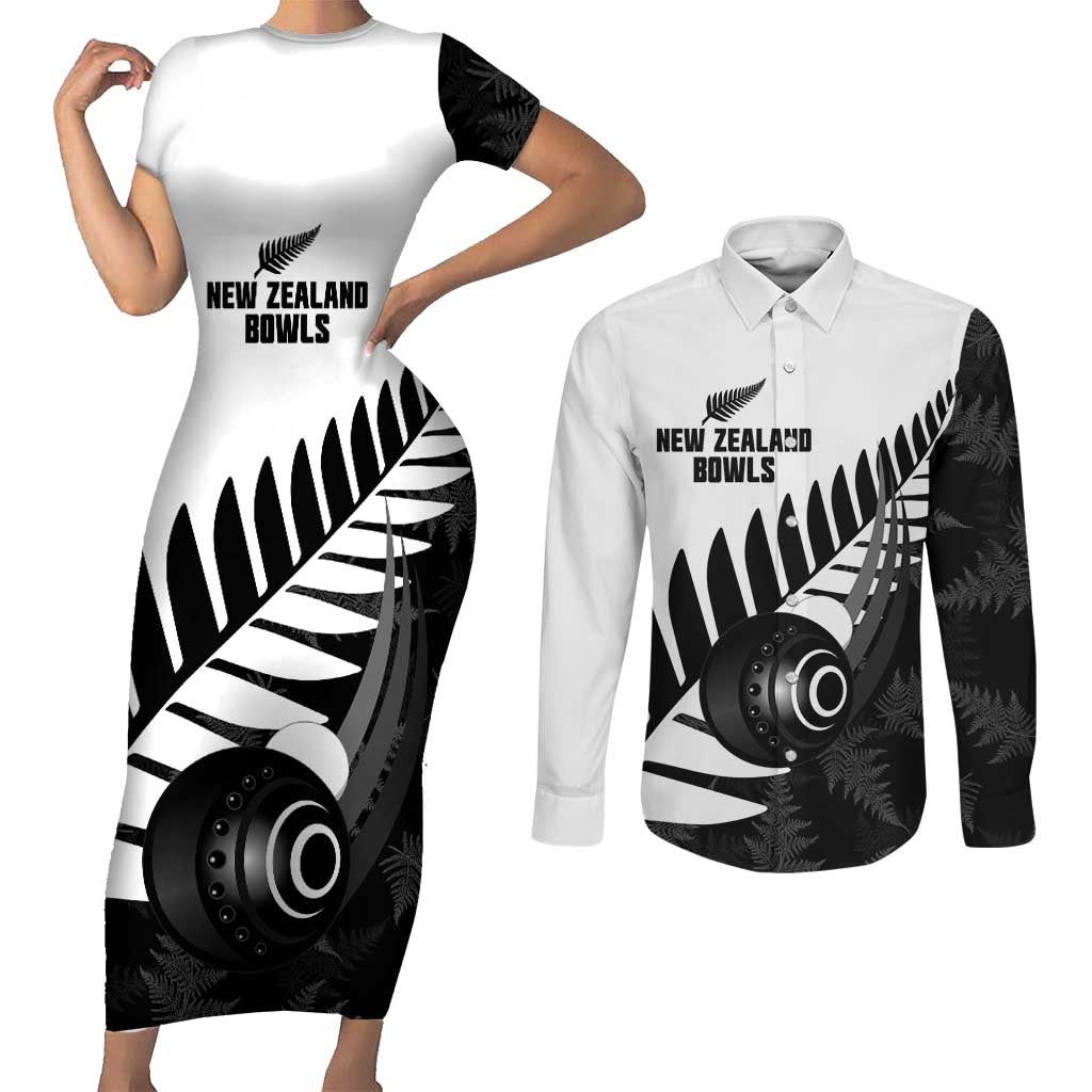 New Zealand Lawn Bowls Custom Couples Matching Short Sleeve Bodycon Dress and Long Sleeve Button Shirt Aotearoa Silver Fern LT14 Black - Polynesian Pride