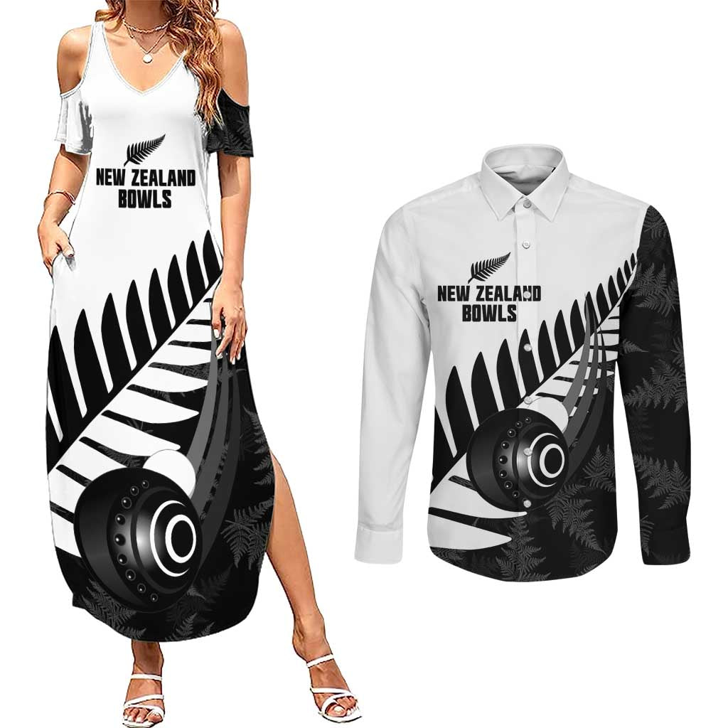 New Zealand Lawn Bowls Custom Couples Matching Summer Maxi Dress and Long Sleeve Button Shirt Aotearoa Silver Fern LT14 Black - Polynesian Pride