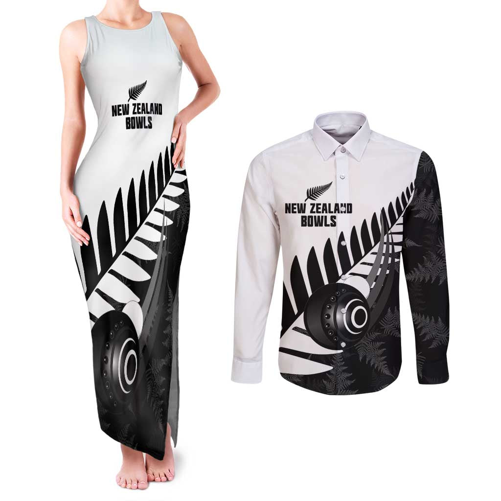 New Zealand Lawn Bowls Custom Couples Matching Tank Maxi Dress and Long Sleeve Button Shirt Aotearoa Silver Fern LT14 Black - Polynesian Pride