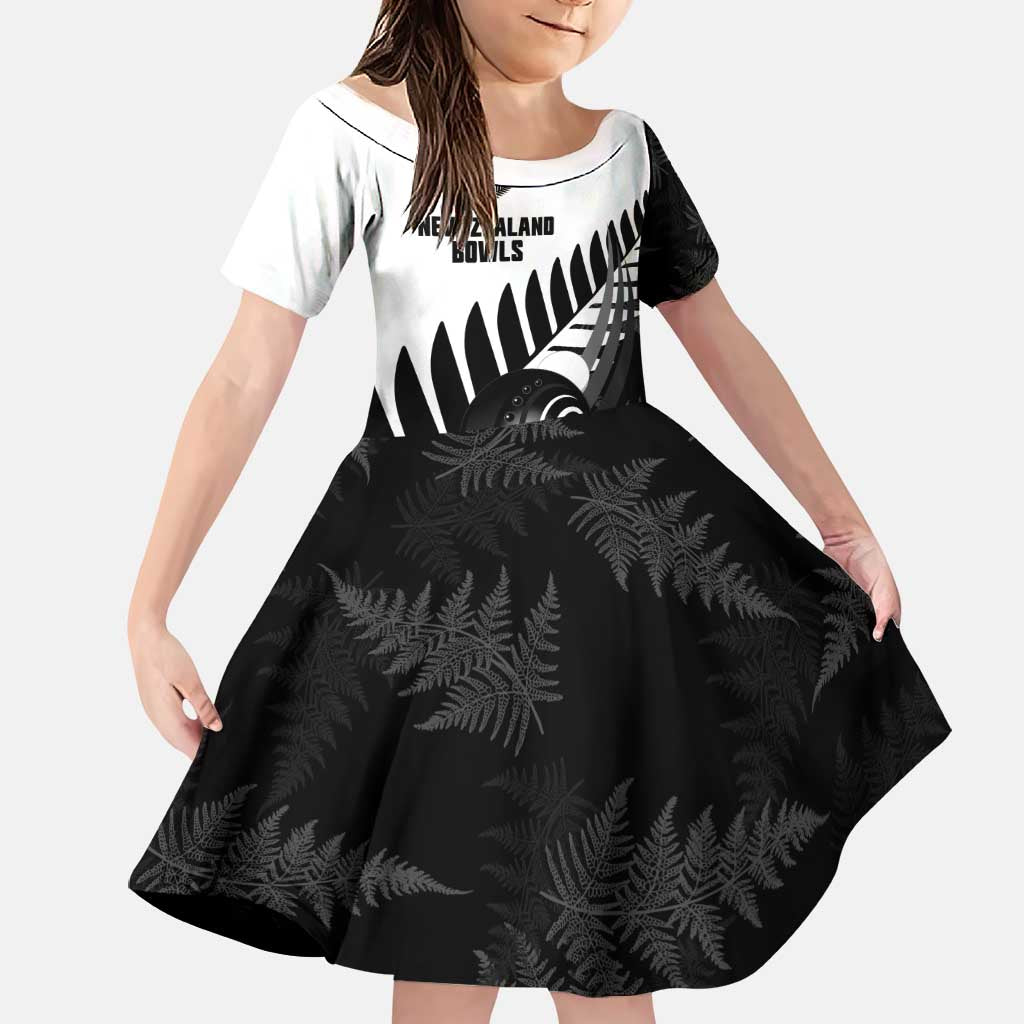 New Zealand Lawn Bowls Custom Family Matching Off The Shoulder Long Sleeve Dress and Hawaiian Shirt Aotearoa Silver Fern LT14 Daughter's Dress Black - Polynesian Pride