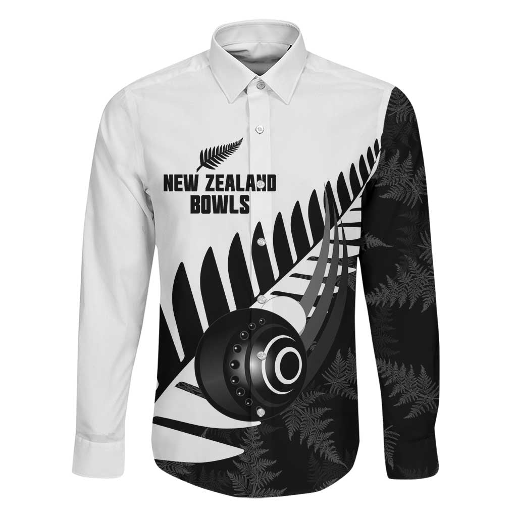 New Zealand Lawn Bowls Custom Family Matching Off The Shoulder Long Sleeve Dress and Hawaiian Shirt Aotearoa Silver Fern LT14 Dad's Shirt - Long Sleeve Black - Polynesian Pride