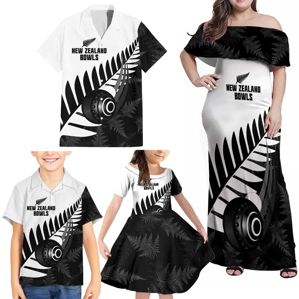 New Zealand Lawn Bowls Custom Family Matching Off Shoulder Maxi Dress and Hawaiian Shirt Aotearoa Silver Fern - Polynesian Pride