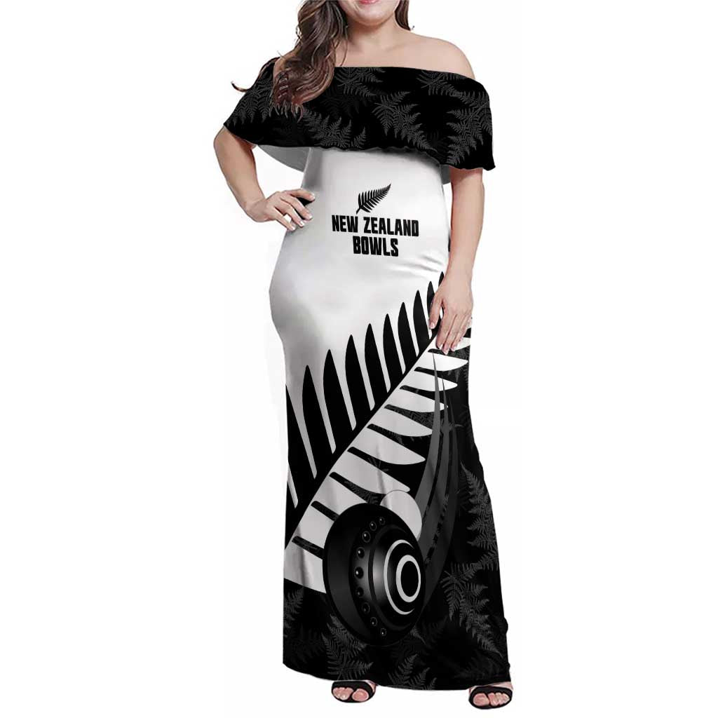 New Zealand Lawn Bowls Custom Family Matching Off Shoulder Maxi Dress and Hawaiian Shirt Aotearoa Silver Fern LT14 Mom's Dress Black - Polynesian Pride