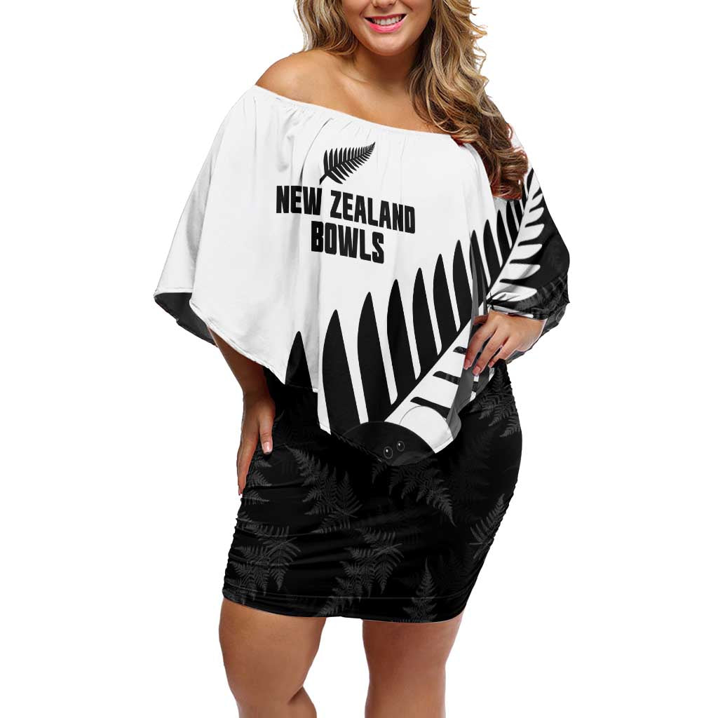 New Zealand Lawn Bowls Custom Family Matching Off Shoulder Short Dress and Hawaiian Shirt Aotearoa Silver Fern LT14 Mom's Dress Black - Polynesian Pride