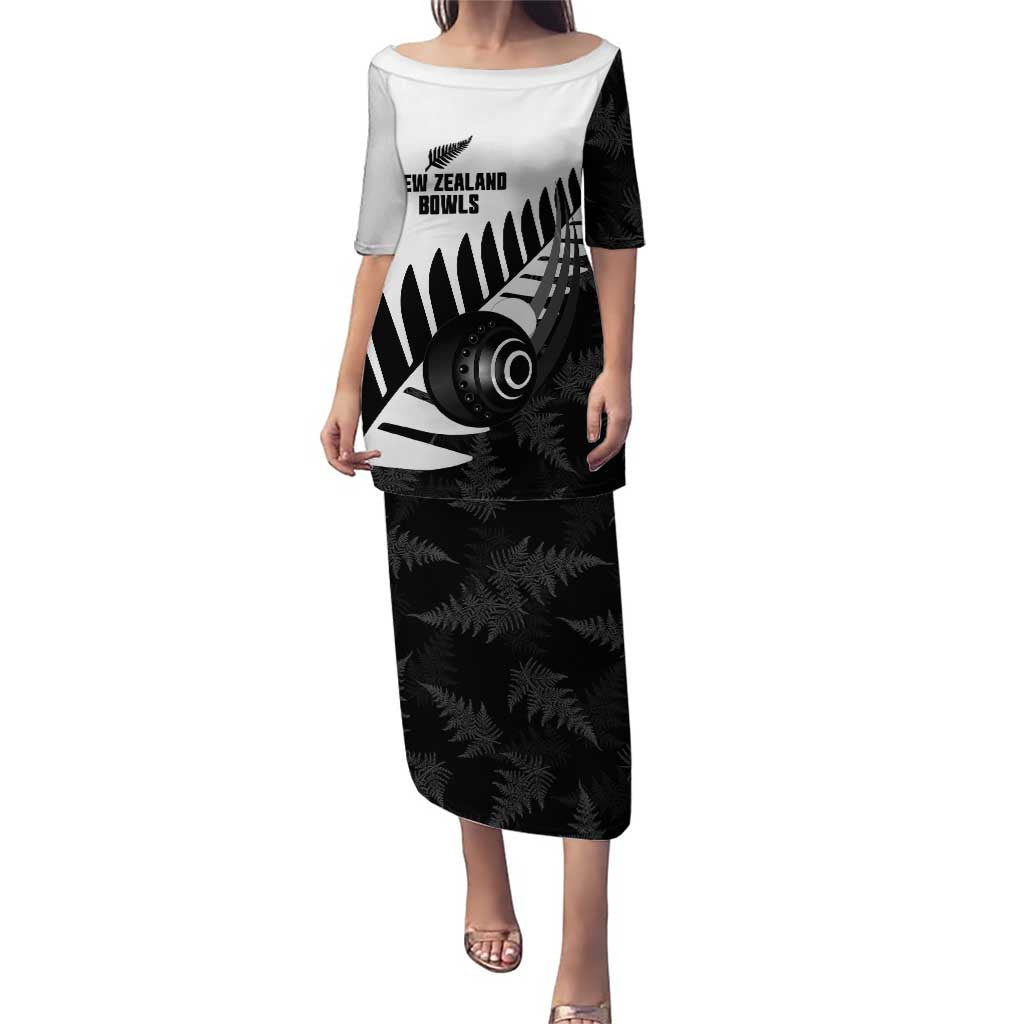New Zealand Lawn Bowls Custom Family Matching Puletasi and Hawaiian Shirt Aotearoa Silver Fern LT14 Mom's Dress Black - Polynesian Pride
