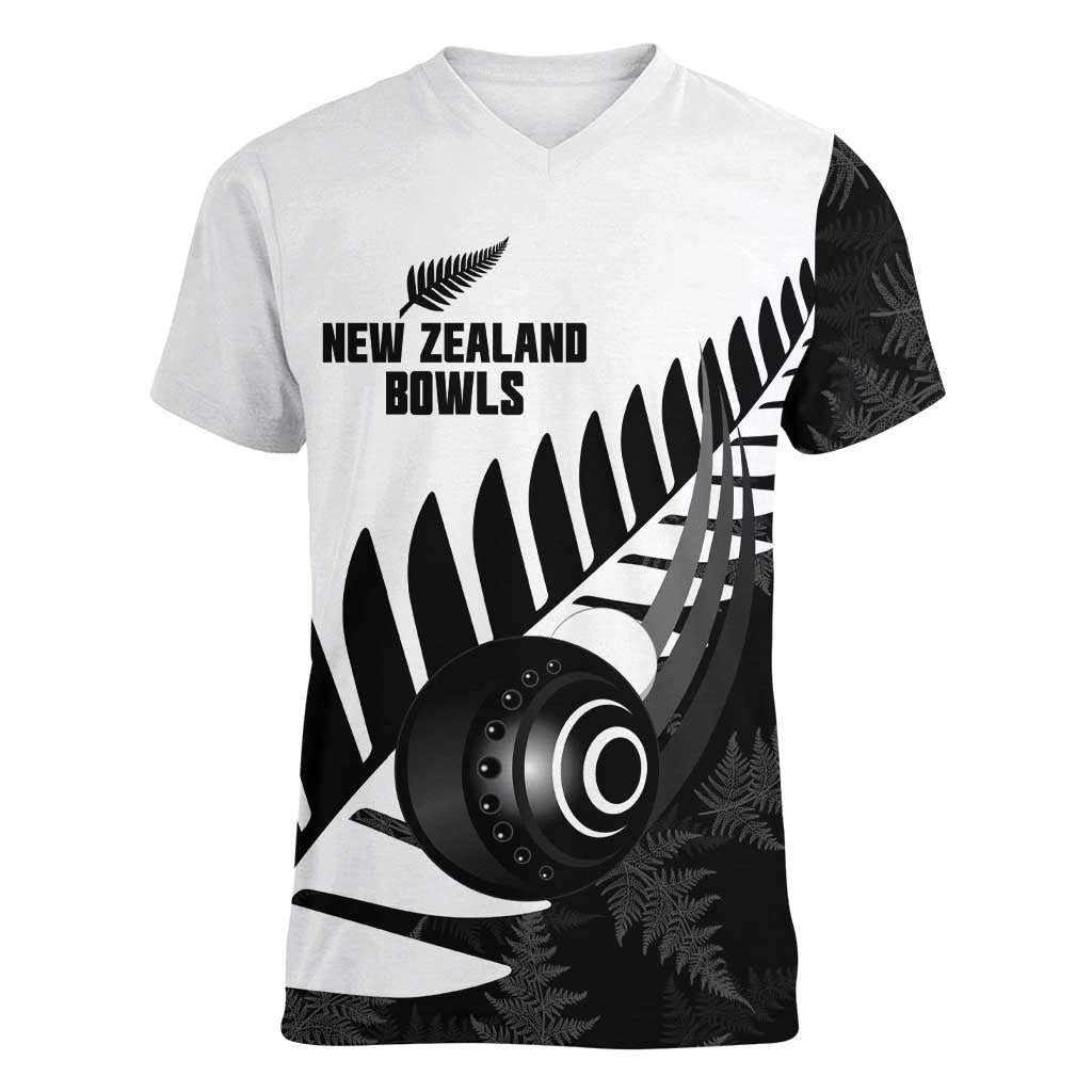 New Zealand Lawn Bowls Custom Women V-Neck T-Shirt Aotearoa Silver Fern LT14 Female Black - Polynesian Pride