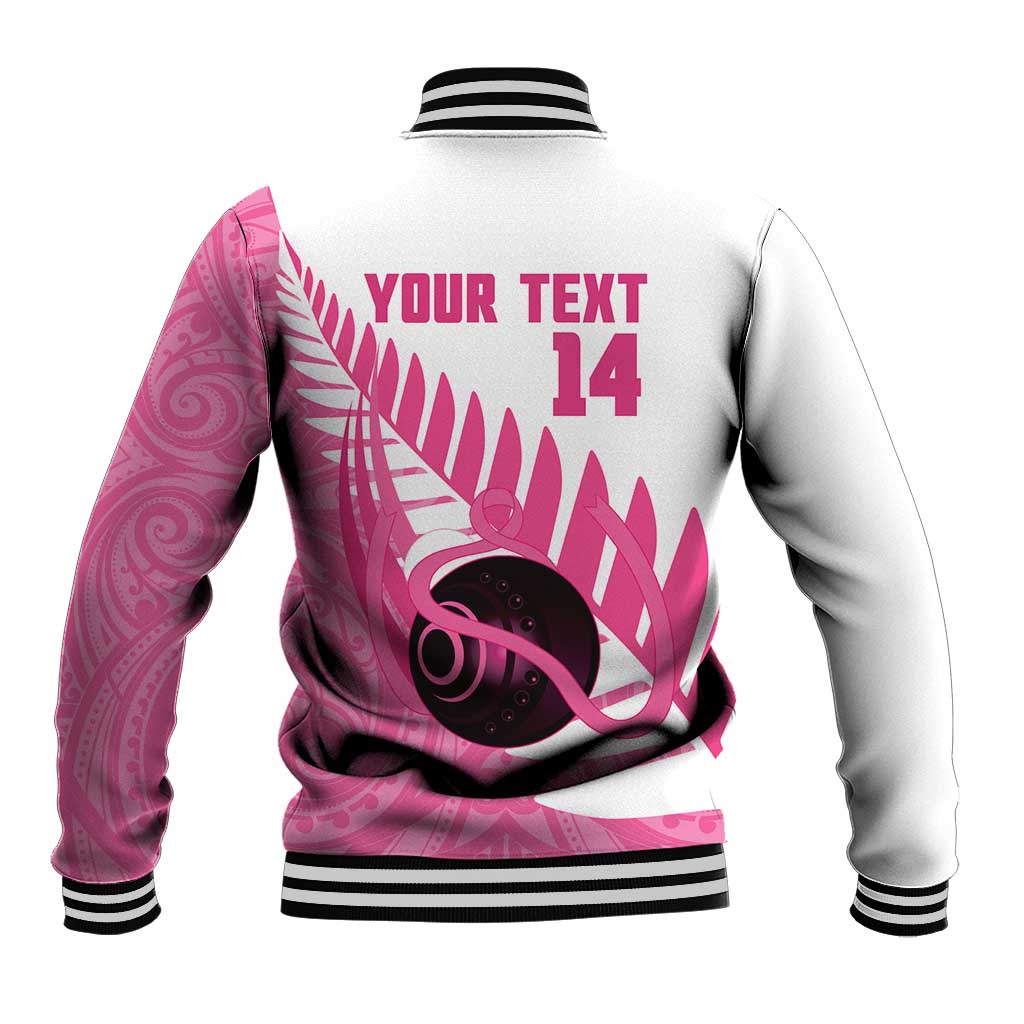 New Zealand Lawn Bowls Breast Cancer Custom Baseball Jacket Aotearoa Maori Silver Fern Pink Ribbon LT14 - Polynesian Pride