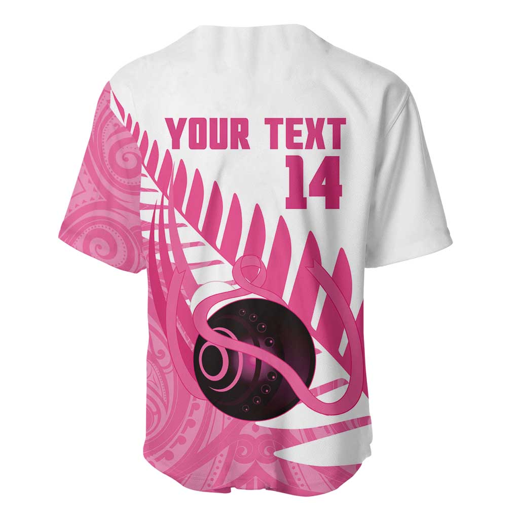 New Zealand Lawn Bowls Breast Cancer Custom Baseball Jersey Aotearoa Maori Silver Fern Pink Ribbon LT14 - Polynesian Pride