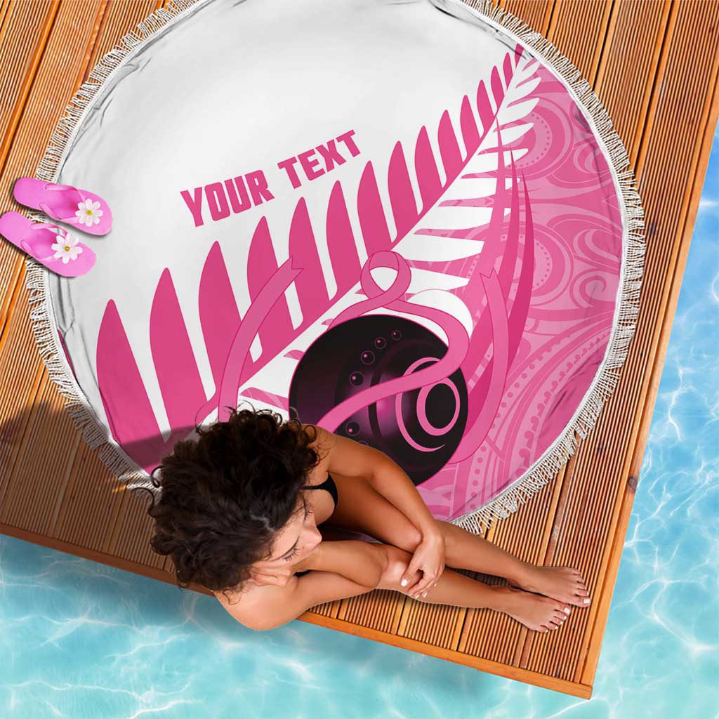 New Zealand Lawn Bowls Breast Cancer Custom Beach Blanket Aotearoa Maori Silver Fern Pink Ribbon LT14 - Polynesian Pride