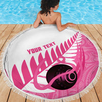 New Zealand Lawn Bowls Breast Cancer Custom Beach Blanket Aotearoa Maori Silver Fern Pink Ribbon LT14 - Polynesian Pride