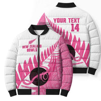 New Zealand Lawn Bowls Breast Cancer Custom Bomber Puffer Jacket Aotearoa Maori Silver Fern Pink Ribbon LT14 - Polynesian Pride