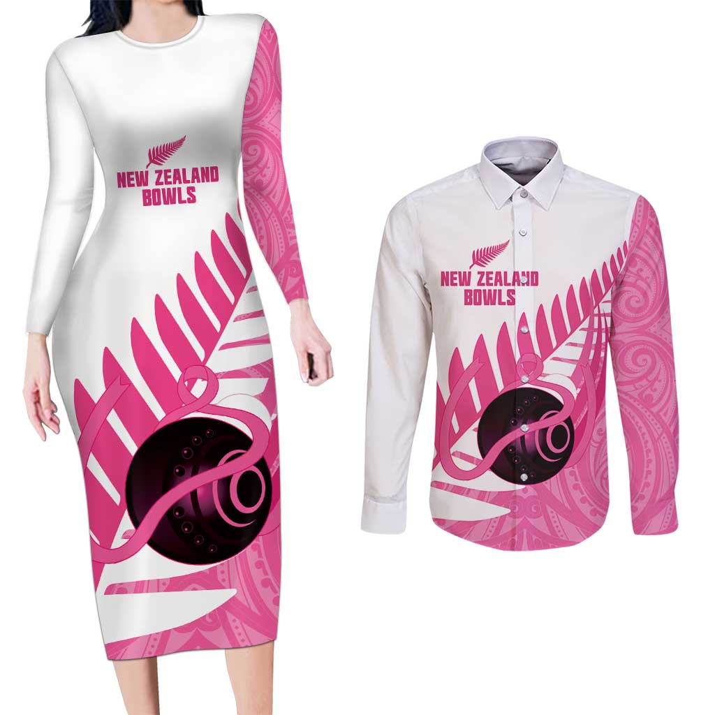 New Zealand Lawn Bowls Breast Cancer Custom Couples Matching Long Sleeve Bodycon Dress and Long Sleeve Button Shirt Aotearoa Maori Silver Fern Pink Ribbon LT14 Pink - Polynesian Pride