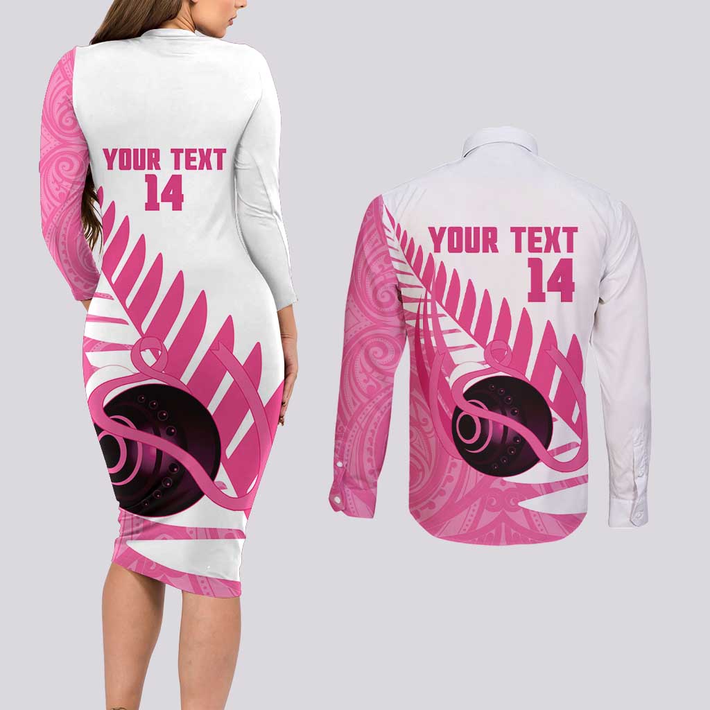 New Zealand Lawn Bowls Breast Cancer Custom Couples Matching Long Sleeve Bodycon Dress and Long Sleeve Button Shirt Aotearoa Maori Silver Fern Pink Ribbon LT14 - Polynesian Pride