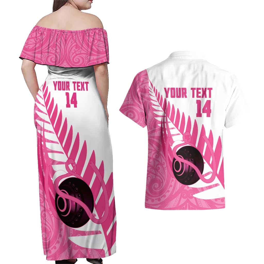 New Zealand Lawn Bowls Breast Cancer Custom Couples Matching Off Shoulder Maxi Dress and Hawaiian Shirt Aotearoa Maori Silver Fern Pink Ribbon LT14 - Polynesian Pride