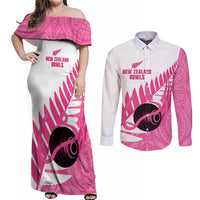 New Zealand Lawn Bowls Breast Cancer Custom Couples Matching Off Shoulder Maxi Dress and Long Sleeve Button Shirt Aotearoa Maori Silver Fern Pink Ribbon LT14 Pink - Polynesian Pride