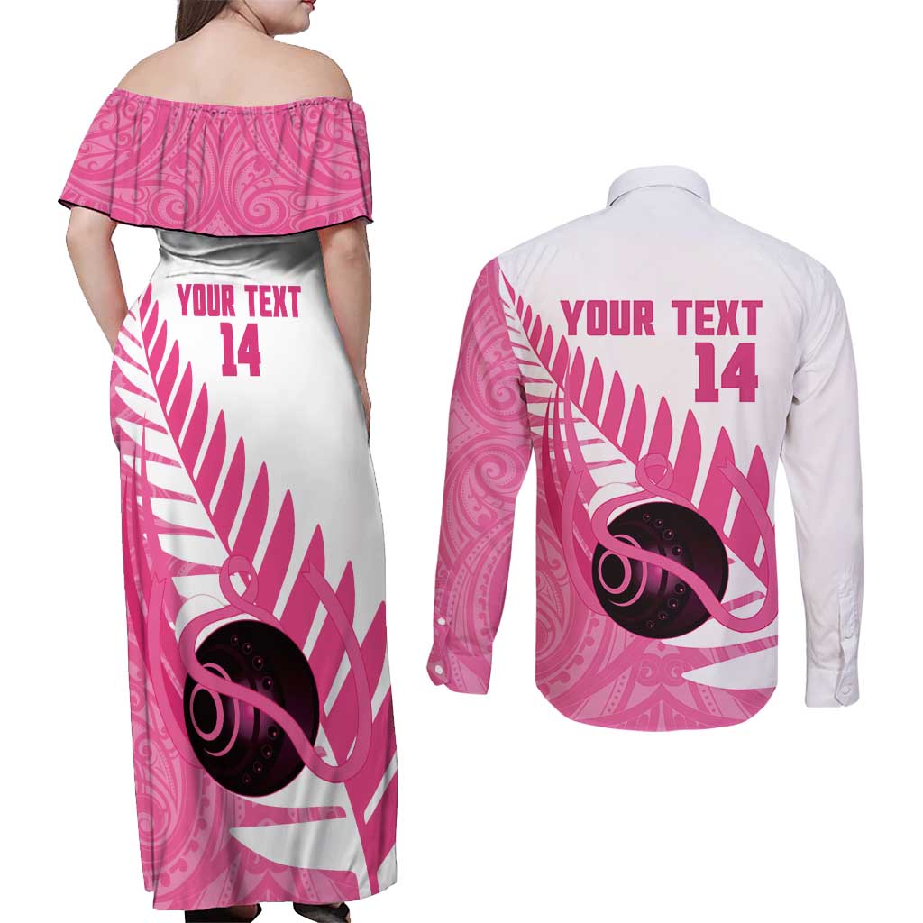 New Zealand Lawn Bowls Breast Cancer Custom Couples Matching Off Shoulder Maxi Dress and Long Sleeve Button Shirt Aotearoa Maori Silver Fern Pink Ribbon LT14 - Polynesian Pride