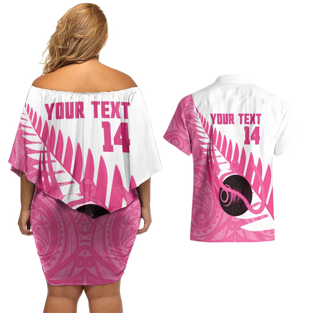 New Zealand Lawn Bowls Breast Cancer Custom Couples Matching Off Shoulder Short Dress and Hawaiian Shirt Aotearoa Maori Silver Fern Pink Ribbon LT14 - Polynesian Pride