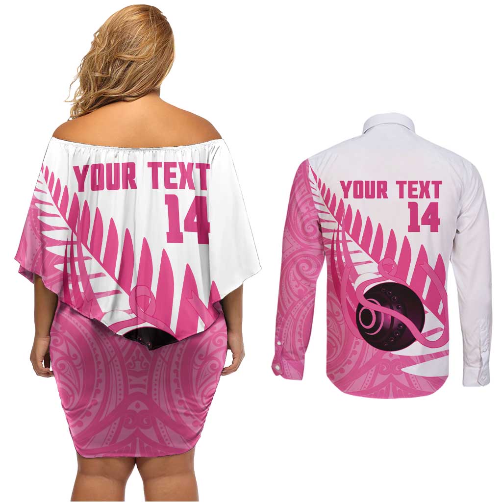 New Zealand Lawn Bowls Breast Cancer Custom Couples Matching Off Shoulder Short Dress and Long Sleeve Button Shirt Aotearoa Maori Silver Fern Pink Ribbon LT14 - Polynesian Pride