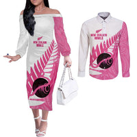 New Zealand Lawn Bowls Breast Cancer Custom Couples Matching Off The Shoulder Long Sleeve Dress and Long Sleeve Button Shirt Aotearoa Maori Silver Fern Pink Ribbon LT14 Pink - Polynesian Pride