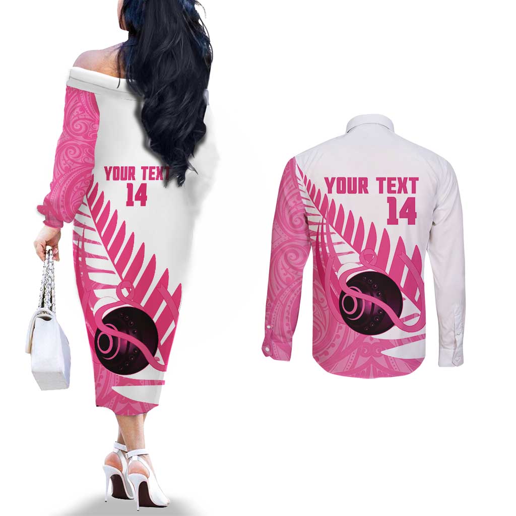 New Zealand Lawn Bowls Breast Cancer Custom Couples Matching Off The Shoulder Long Sleeve Dress and Long Sleeve Button Shirt Aotearoa Maori Silver Fern Pink Ribbon LT14 - Polynesian Pride