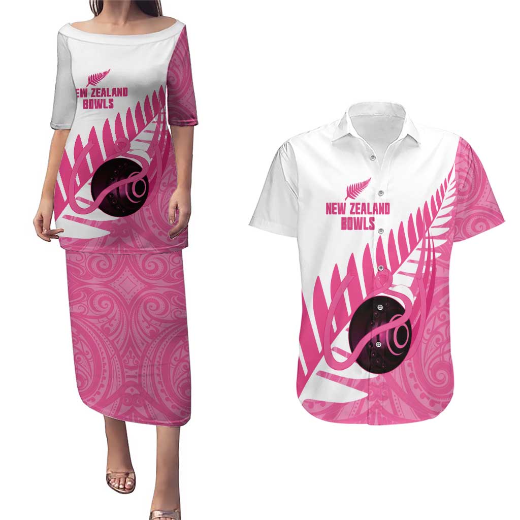 New Zealand Lawn Bowls Breast Cancer Custom Couples Matching Puletasi and Hawaiian Shirt Aotearoa Maori Silver Fern Pink Ribbon - Polynesian Pride