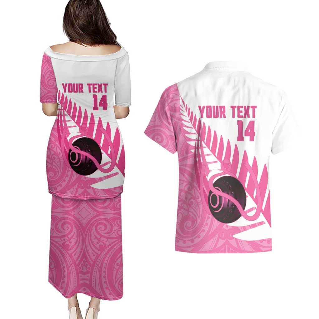 New Zealand Lawn Bowls Breast Cancer Custom Couples Matching Puletasi and Hawaiian Shirt Aotearoa Maori Silver Fern Pink Ribbon LT14 - Polynesian Pride