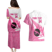 New Zealand Lawn Bowls Breast Cancer Custom Couples Matching Puletasi and Hawaiian Shirt Aotearoa Maori Silver Fern Pink Ribbon LT14 - Polynesian Pride