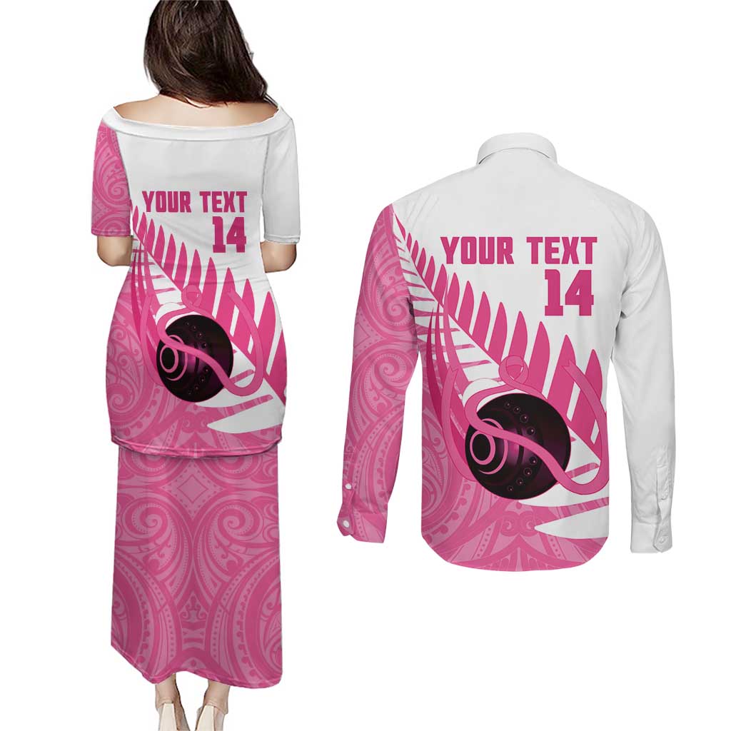 New Zealand Lawn Bowls Breast Cancer Custom Couples Matching Puletasi and Long Sleeve Button Shirt Aotearoa Maori Silver Fern Pink Ribbon LT14 - Polynesian Pride
