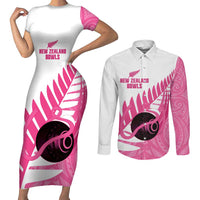 New Zealand Lawn Bowls Breast Cancer Custom Couples Matching Short Sleeve Bodycon Dress and Long Sleeve Button Shirt Aotearoa Maori Silver Fern Pink Ribbon LT14 Pink - Polynesian Pride