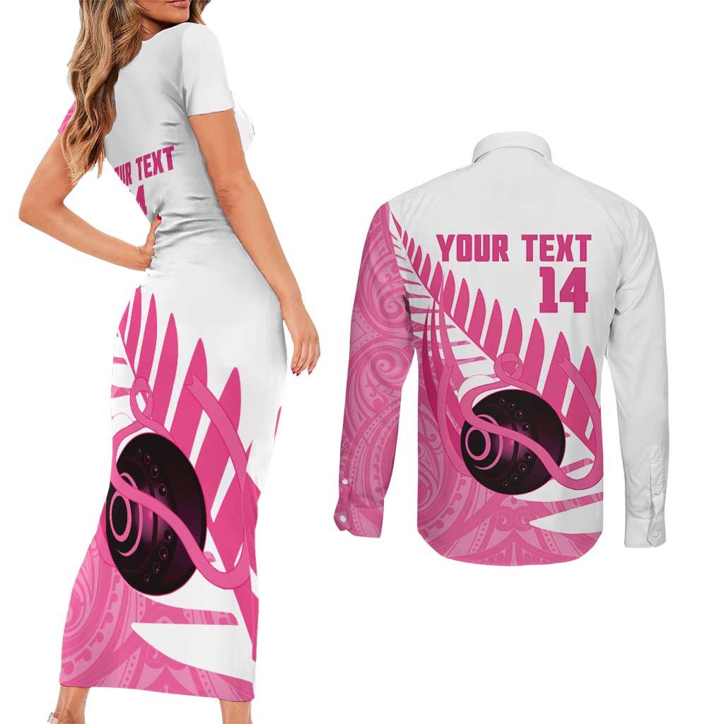 New Zealand Lawn Bowls Breast Cancer Custom Couples Matching Short Sleeve Bodycon Dress and Long Sleeve Button Shirt Aotearoa Maori Silver Fern Pink Ribbon LT14 - Polynesian Pride