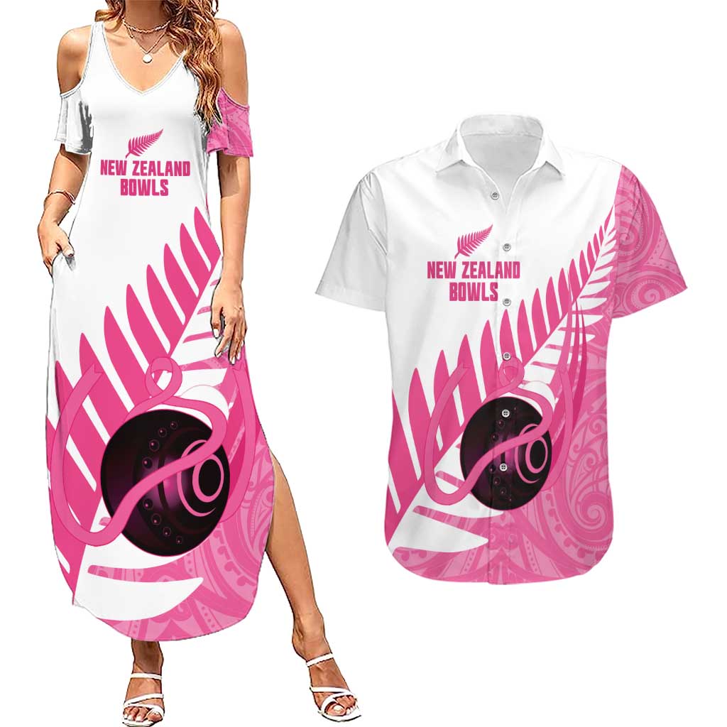New Zealand Lawn Bowls Breast Cancer Custom Couples Matching Summer Maxi Dress and Hawaiian Shirt Aotearoa Maori Silver Fern Pink Ribbon - Polynesian Pride
