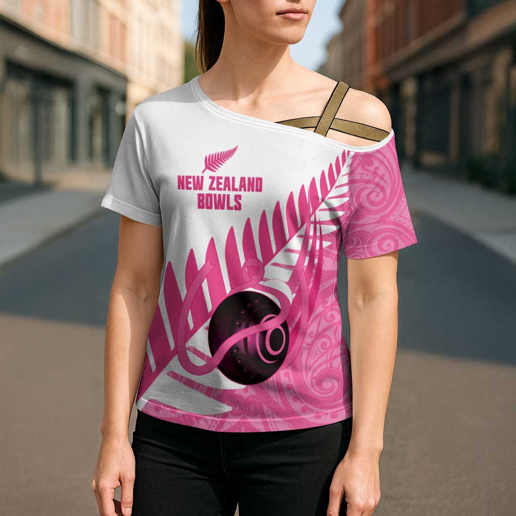 New Zealand Lawn Bowls Breast Cancer Custom Cross Shoulder Shirt Aotearoa Maori Silver Fern Pink Ribbon LT14 - Polynesian Pride