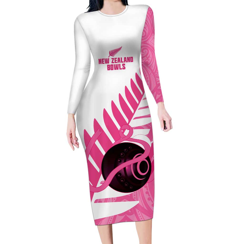 New Zealand Lawn Bowls Breast Cancer Custom Family Matching Long Sleeve Bodycon Dress and Hawaiian Shirt Aotearoa Maori Silver Fern Pink Ribbon LT14 Mom's Dress Pink - Polynesian Pride