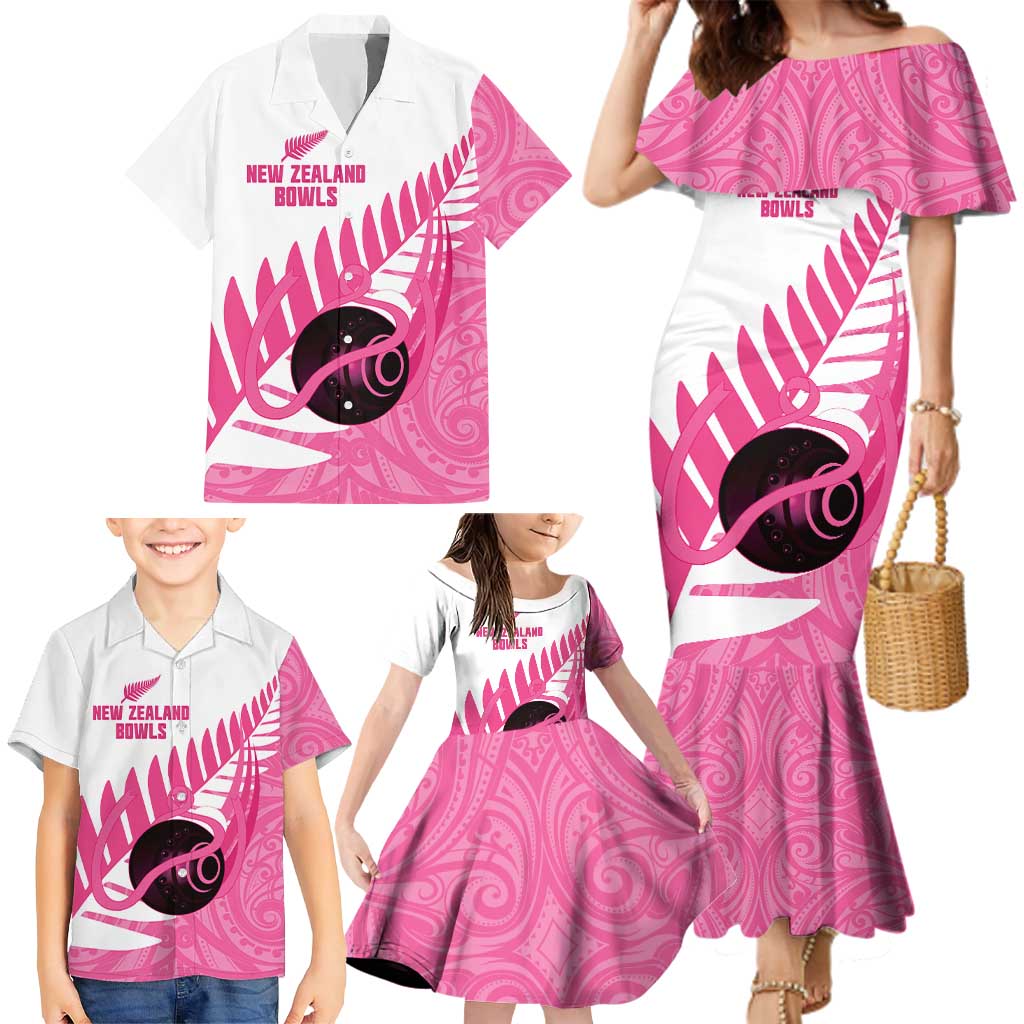 New Zealand Lawn Bowls Breast Cancer Custom Family Matching Mermaid Dress and Hawaiian Shirt Aotearoa Maori Silver Fern Pink Ribbon LT14 - Polynesian Pride